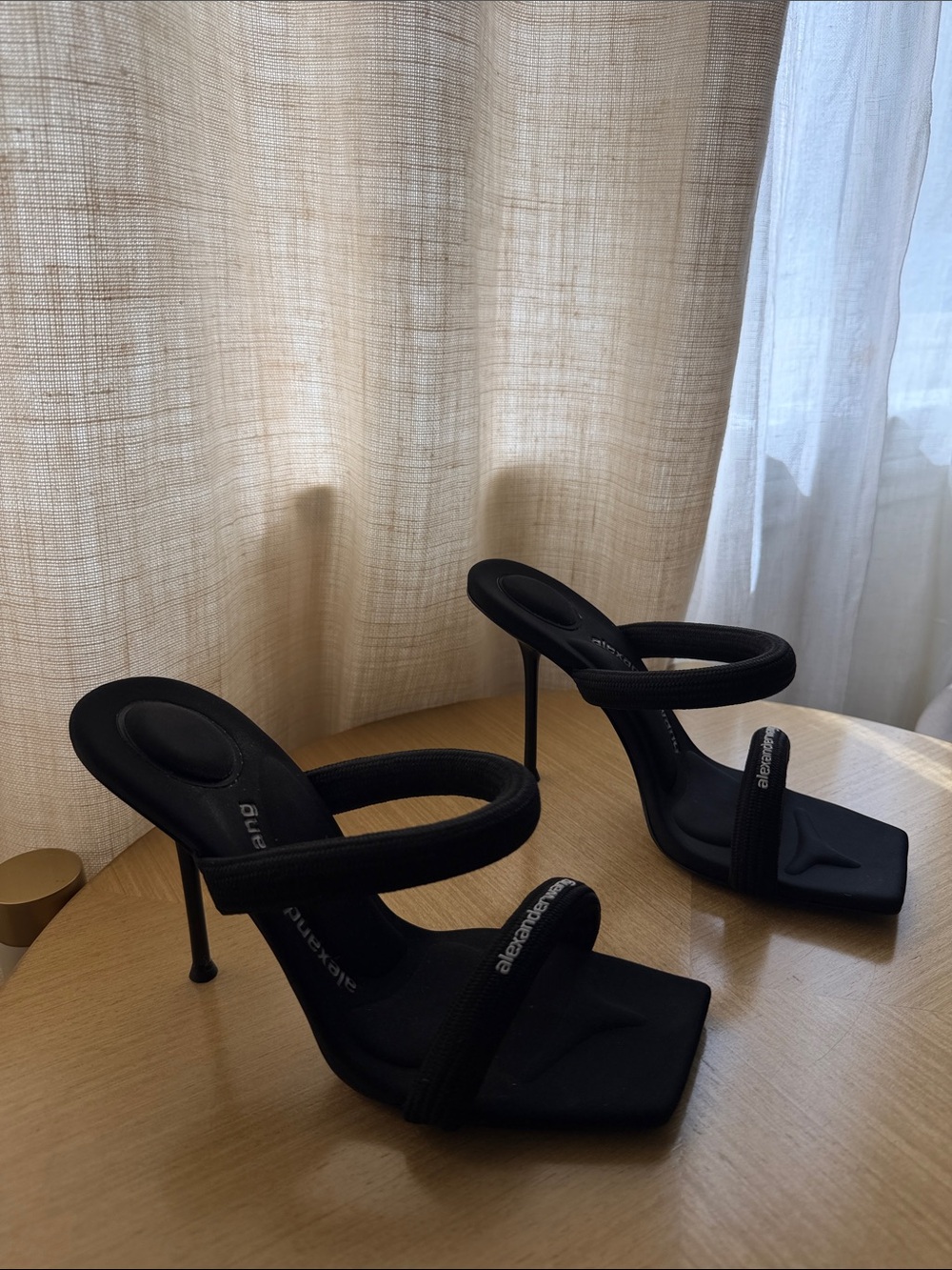 Alexander Wang Julie Tubular Webbing Sandal Black Padded Loop-Strap Mules - Picture 2 of 7
